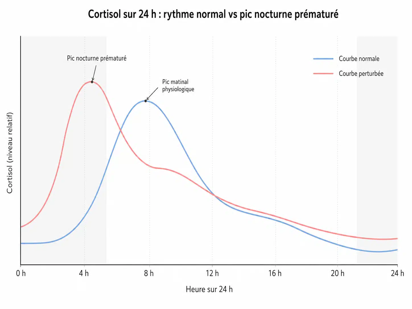 courbe circadienne du cortisol et perturbation nocturne